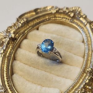 14K White Gold Cocktail Ring With Topaz & Diamonds Size 7